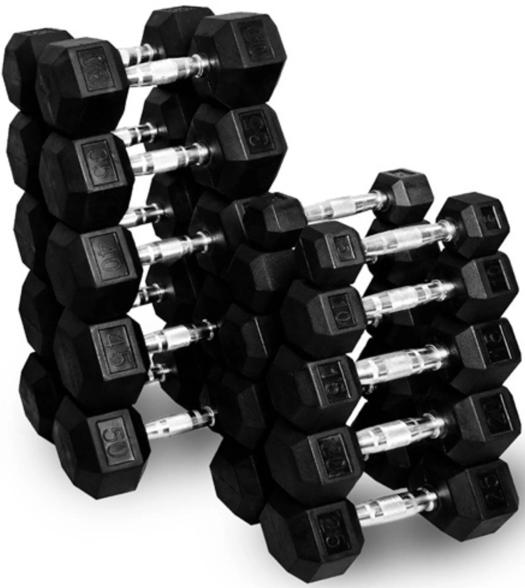 French Fitness Rubber Hex Dumbbell Set 5 to 100 lbs w/Bench + (2) 3 Tier Dumbbell Racks (New)