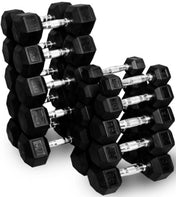 French Fitness Rubber Hex Dumbbell Set 5 to 100 lbs w/Bench + (2) 3 Tier Dumbbell Racks - Angled View