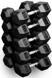 French Fitness Rubber Hex Dumbbell Set 5 to 100 lbs w/Bench + (2) 3 Tier Dumbbell Racks - Angled View