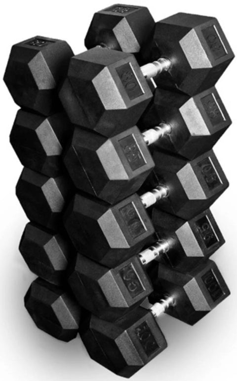 French Fitness Rubber Hex Dumbbell Set 5 to 100 lbs w/Bench + (2) 3 Tier Dumbbell Racks (New)