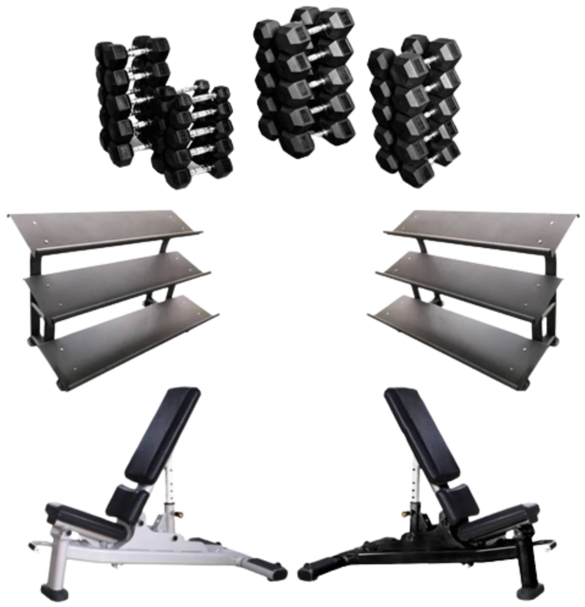 French Fitness Rubber Hex Dumbbell Set 5 to 100 lbs w/Bench + (2) 3 Tier Dumbbell Racks (New)
