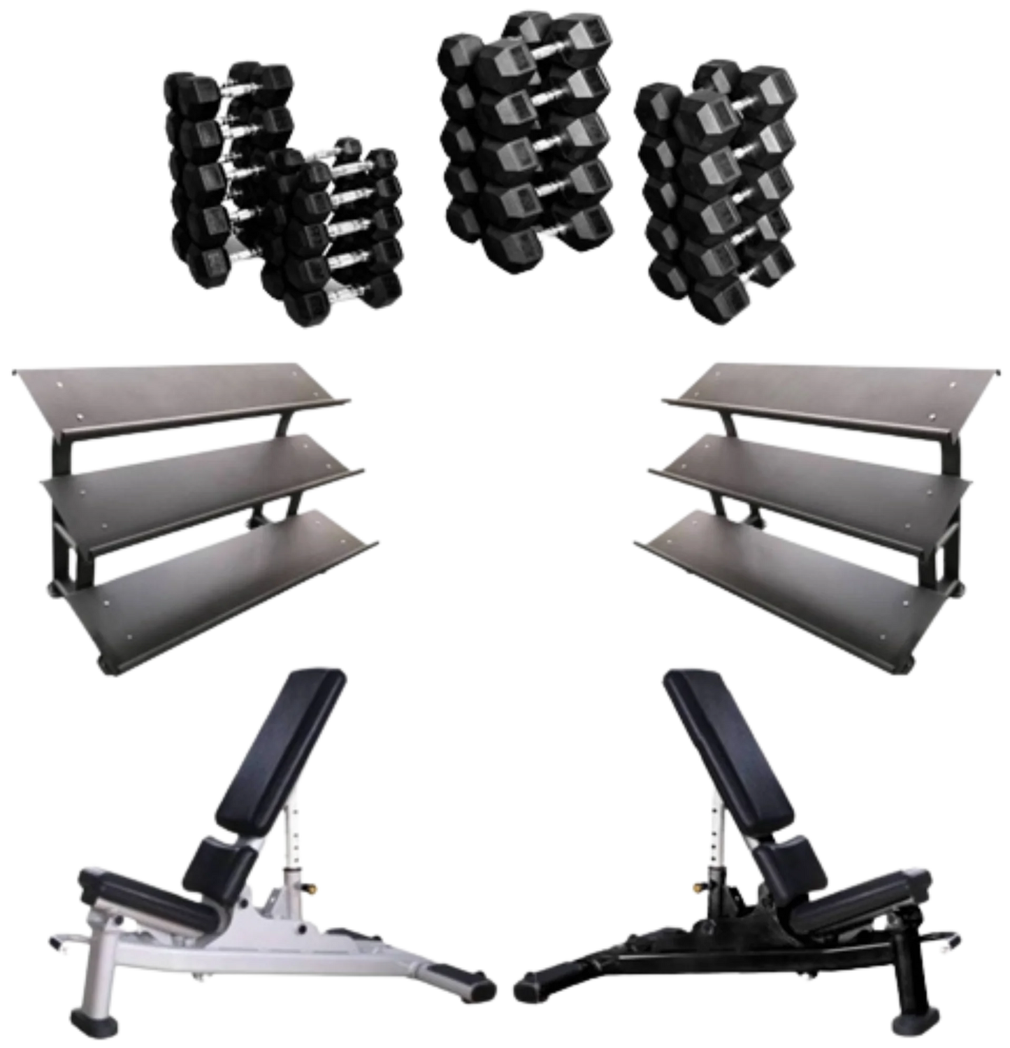 French Fitness Rubber Hex Dumbbell Set 5 to 100 lbs w/Bench + (2) 3 Tier Dumbbell Racks (New)