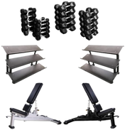 French Fitness Rubber Hex Dumbbell Set 5 to 100 lbs w/Bench + (2) 3 Tier Dumbbell Racks - Angled View with Dumbbell