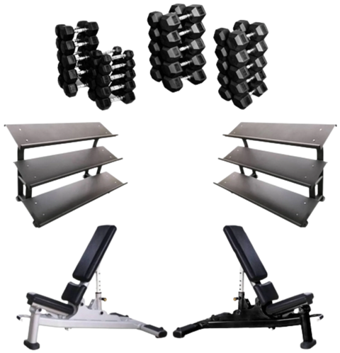 French Fitness Rubber Hex Dumbbell Set 5 to 100 lbs w/Bench + (2) 3 Tier Dumbbell Racks (New)