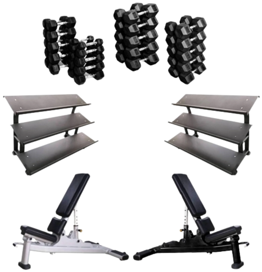French Fitness Rubber Hex Dumbbell Set 5 to 100 lbs w/Bench + (2) 3 Tier Dumbbell Racks (New)