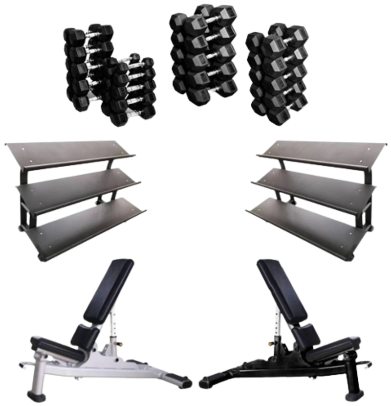 French Fitness Rubber Hex Dumbbell Set 5 to 100 lbs w/Bench + (2) 3 Tier Dumbbell Racks (New)