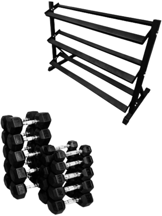 French Fitness Rubber Hex Dumbbell Set 5 to 50 lbs. w/Rack (New)