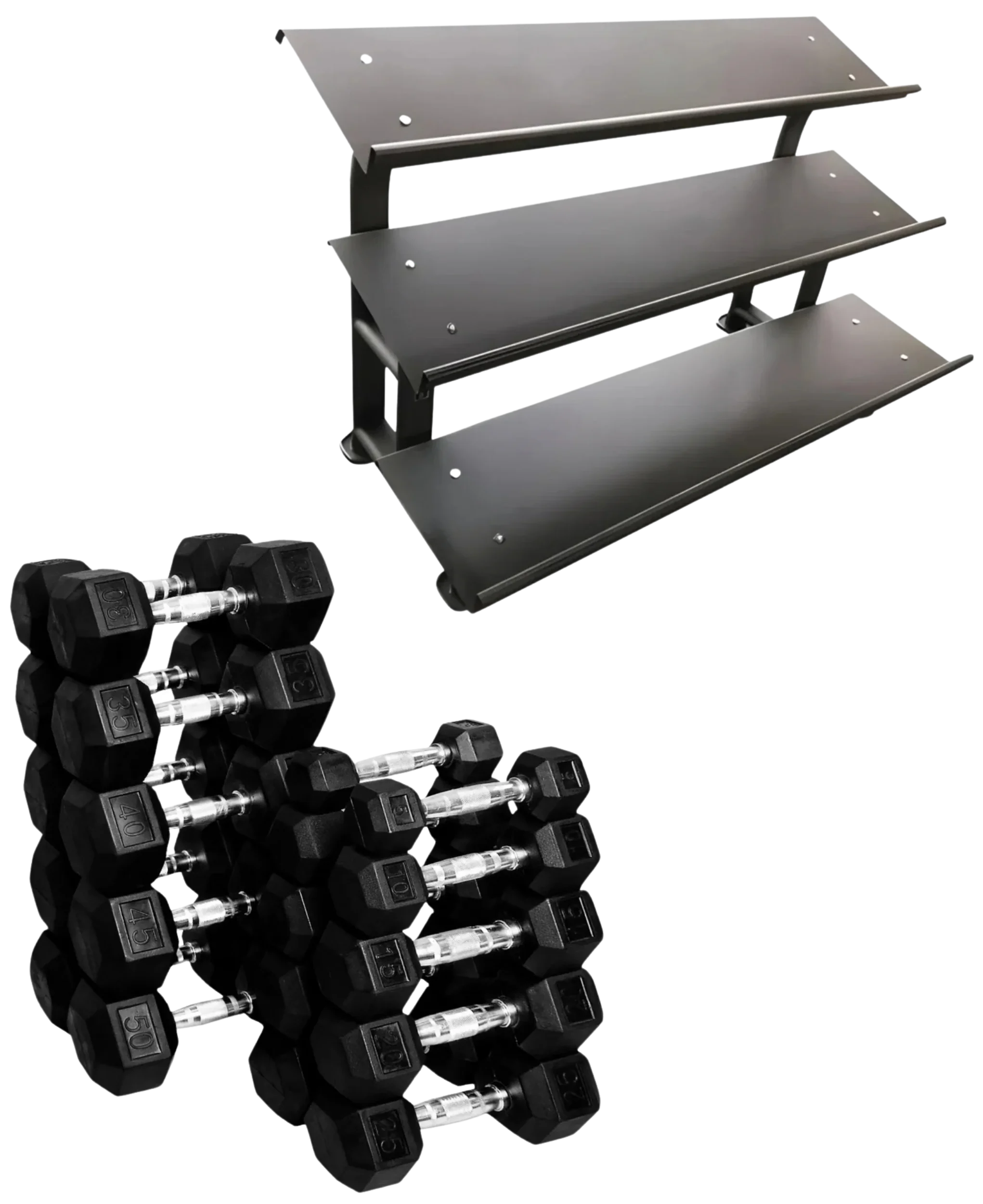 Rubber Hex Dumbbell Set 5 to 50 lbs. w/Rack French Fitness - Angled View