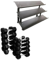 Rubber Hex Dumbbell Set 5 to 50 lbs. w/Rack French Fitness - Angled View