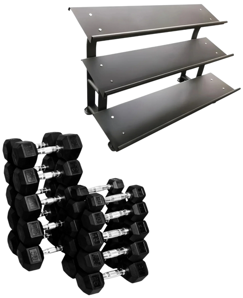 Rubber Hex Dumbbell Set 5 to 50 lbs. w/Rack French Fitness - Angled View