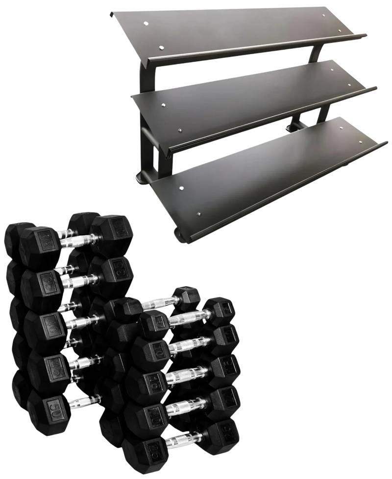 Rubber Hex Dumbbell Set 5 to 50 lbs. w/Rack French Fitness - Angled View