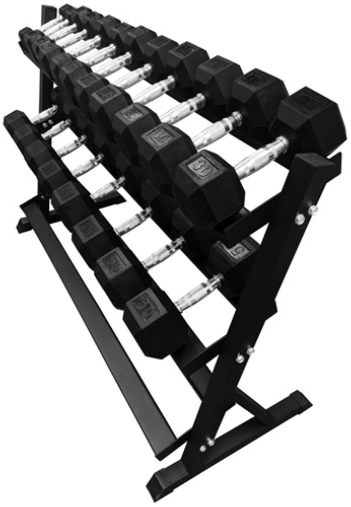 French Fitness Rubber Hex Dumbbell Set 5 to 50 lbs w/Bench + Rack (New)
