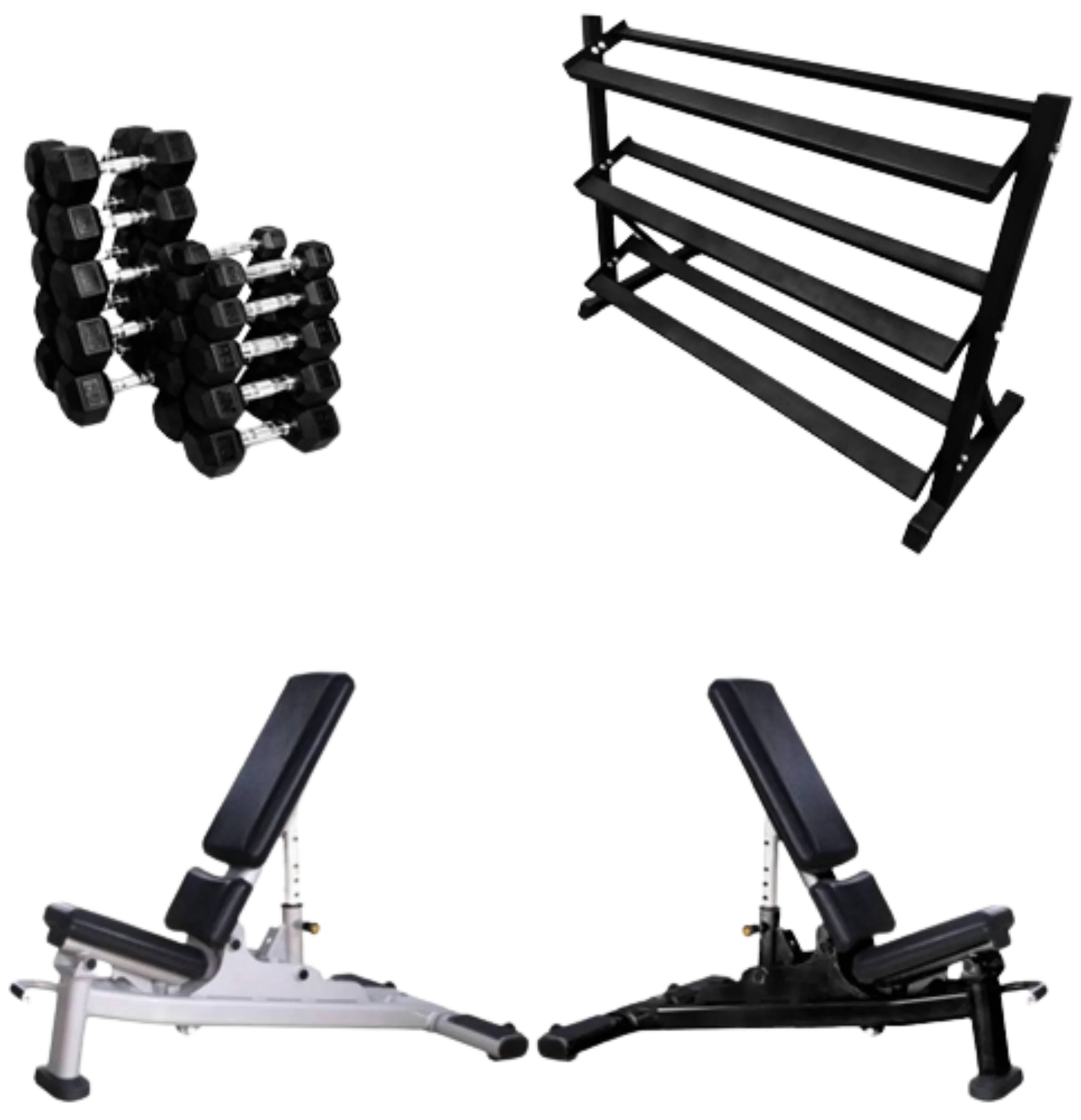 French Fitness Rubber Hex Dumbbell Set 5 to 50 lbs w/Bench + Rack (New)