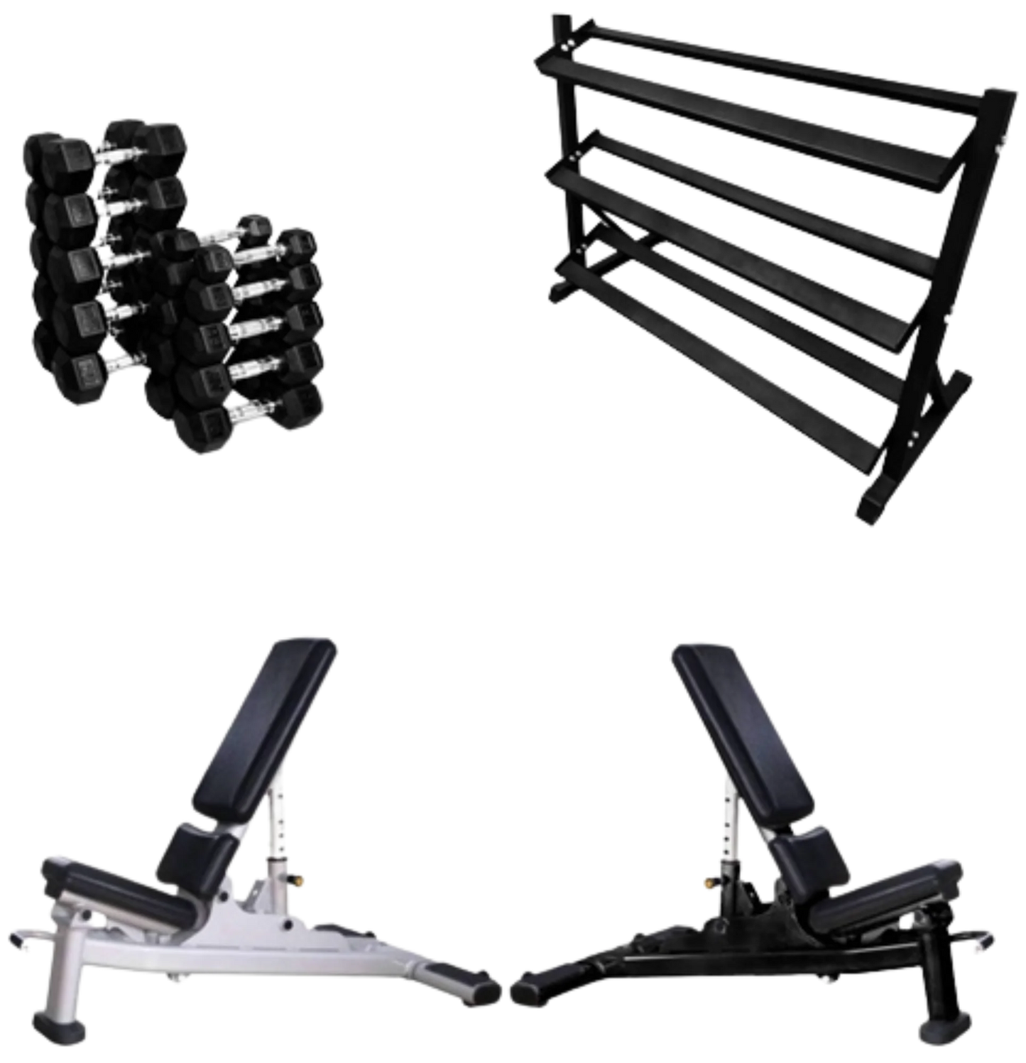 French Fitness Rubber Hex Dumbbell Set 5 to 50 lbs w/Bench + Rack (New) Image