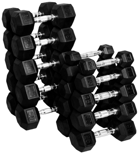 French Fitness Rubber Coated Hex Dumbbell Set 5-50 lbs - Angled View