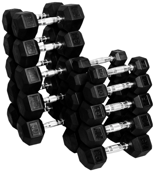 French Fitness Rubber Coated Hex Dumbbell Set 5-50 lbs (New)