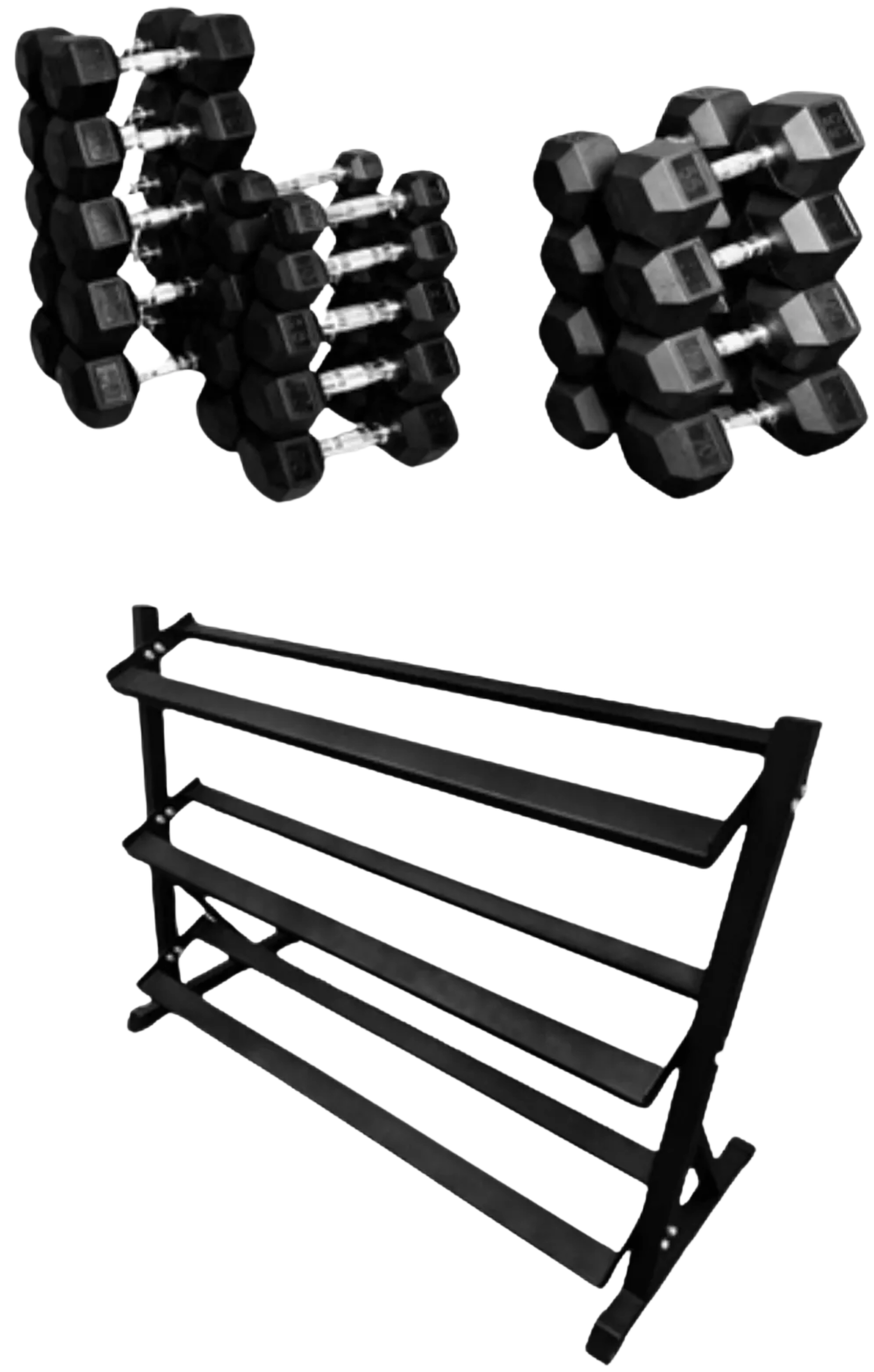 French Fitness Rubber Coated Hex Dumbbell Set 5-70 lbs w/Rack (New)