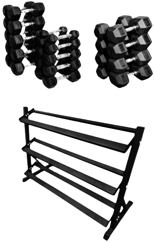 French Fitness Rubber Coated Hex Dumbbell Set 5-70 lbs w/Rack (New)