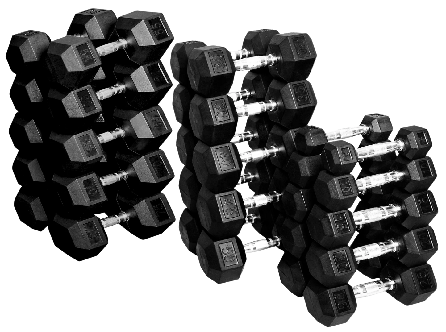 Rubber Coated Hex Dumbbells French Fitness 5 - 75 lbs Set - Angled View