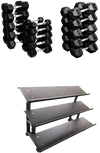 French Fitness Rubber Hex Dumbbell Set 5 to 75 lbs w/3 Tier Dumbbell Rack (New)