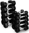 French Fitness Rubber Hex Dumbbell Set 5 to 75 lbs w/3 Tier Dumbbell Rack (New)