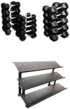 French Fitness Rubber Hex Dumbbell Set 5 to 75 lbs w/3 Tier Dumbbell Rack (New)