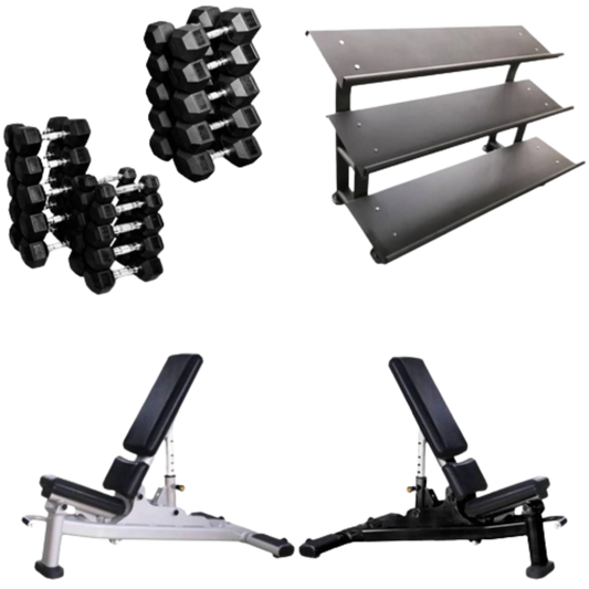 French Fitness Rubber Hex Dumbbell Set 5 to 75 lbs w/Bench + 3 Tier Dumbbell Rack (New)