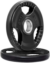 French Fitness Rubber Grip Olympic Weight Plate Set 170 lbs - Angled View