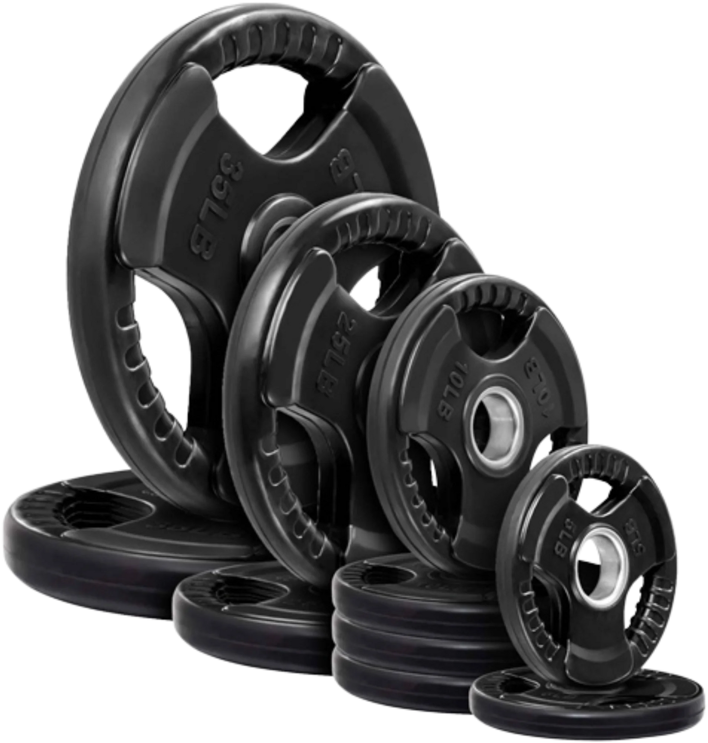 French Fitness Rubber Grip Olympic Weight Plate Set 170 lbs - Angled View
