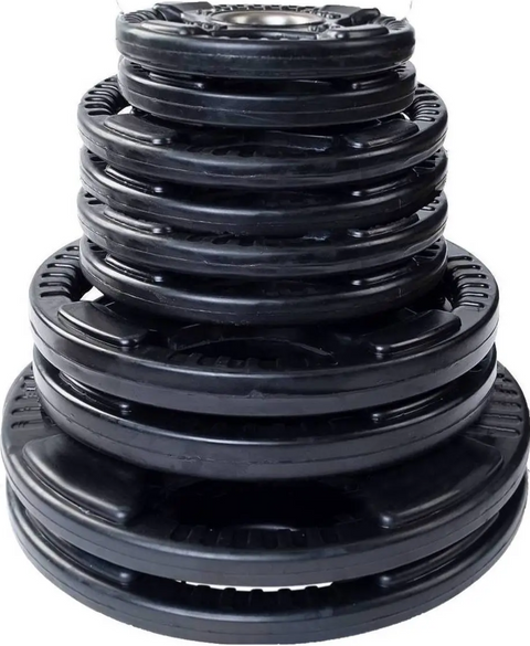French Fitness Rubber Grip Weight Plate Set w/7 ft Bar 235 lbs + Rack + Bench (New)