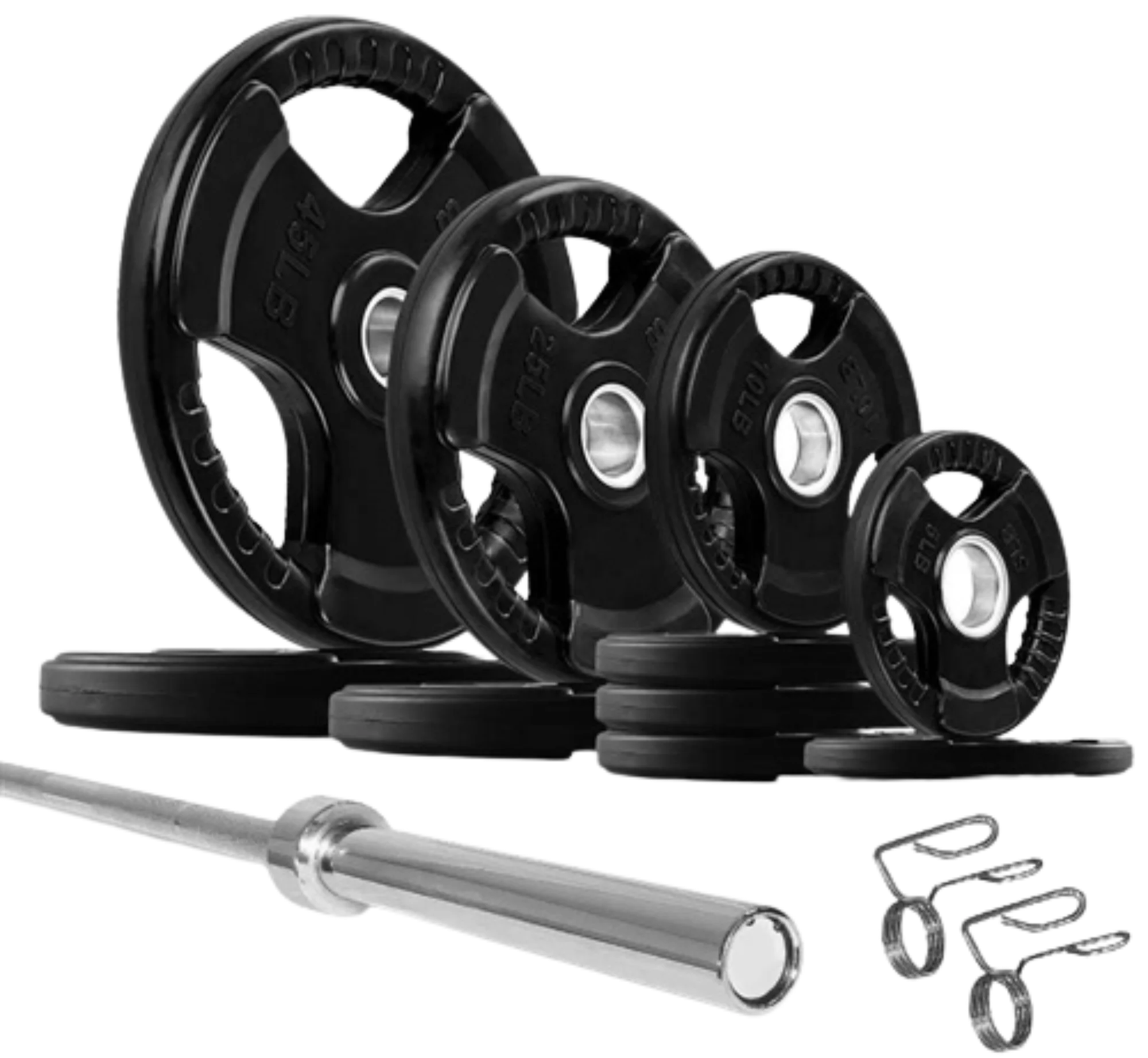French Fitness Rubber Grip Weight Plate Set w/7 ft Olympic Bar 235 lbs (New)