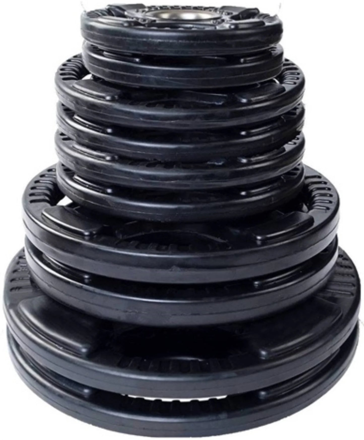 French Fitness Rubber Grip Weight Plate Set w/7 ft Olympic Bar 235 lbs + Bench (New)