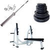 French Fitness Rubber Grip Weight Plate Set w/7 ft Olympic Bar 235 lbs + Bench (New)