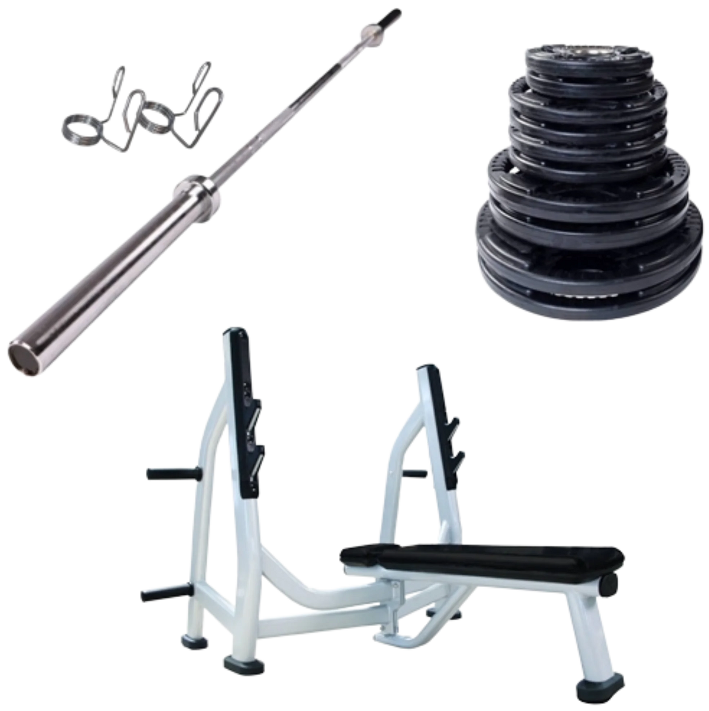 French Fitness Rubber Grip Weight Plate Set w/7 ft Olympic Bar 235 lbs + Bench (New)