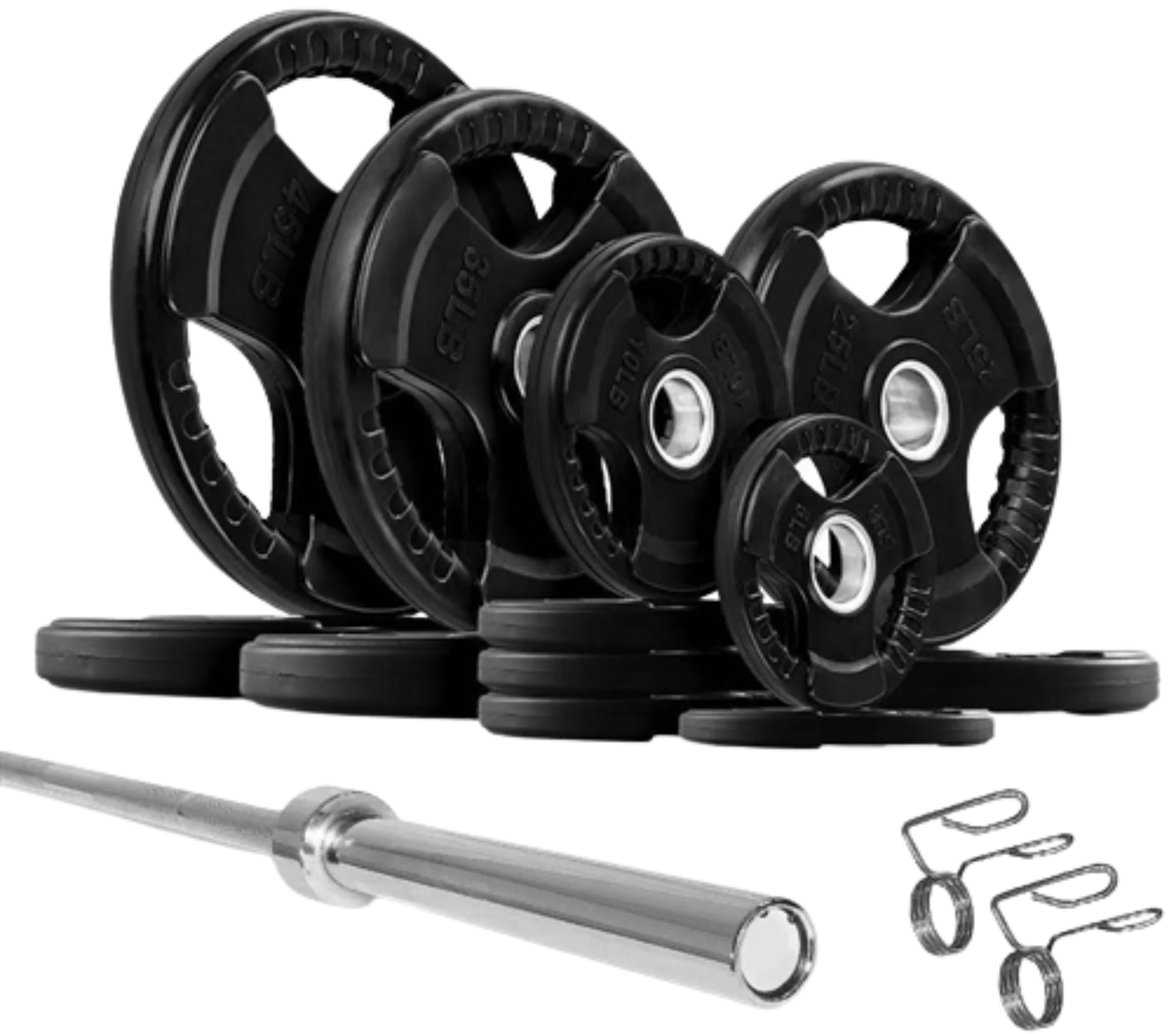 French Fitness Rubber Grip Weight Plate Set w/7 ft Olympic Bar 305 lbs (New)