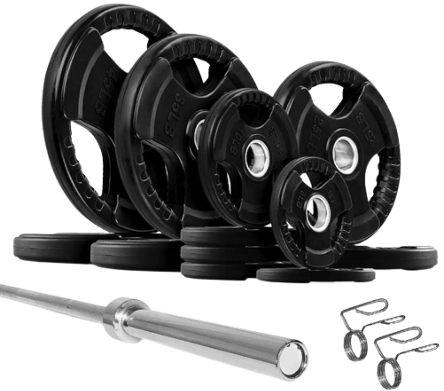 French Fitness Rubber Grip Weight Plate Set w/7 ft Olympic Bar 305 lbs (New)