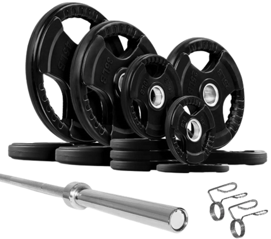 French Fitness Rubber Grip Weight Plate Set w/7 ft Olympic Bar 305 lbs (New)