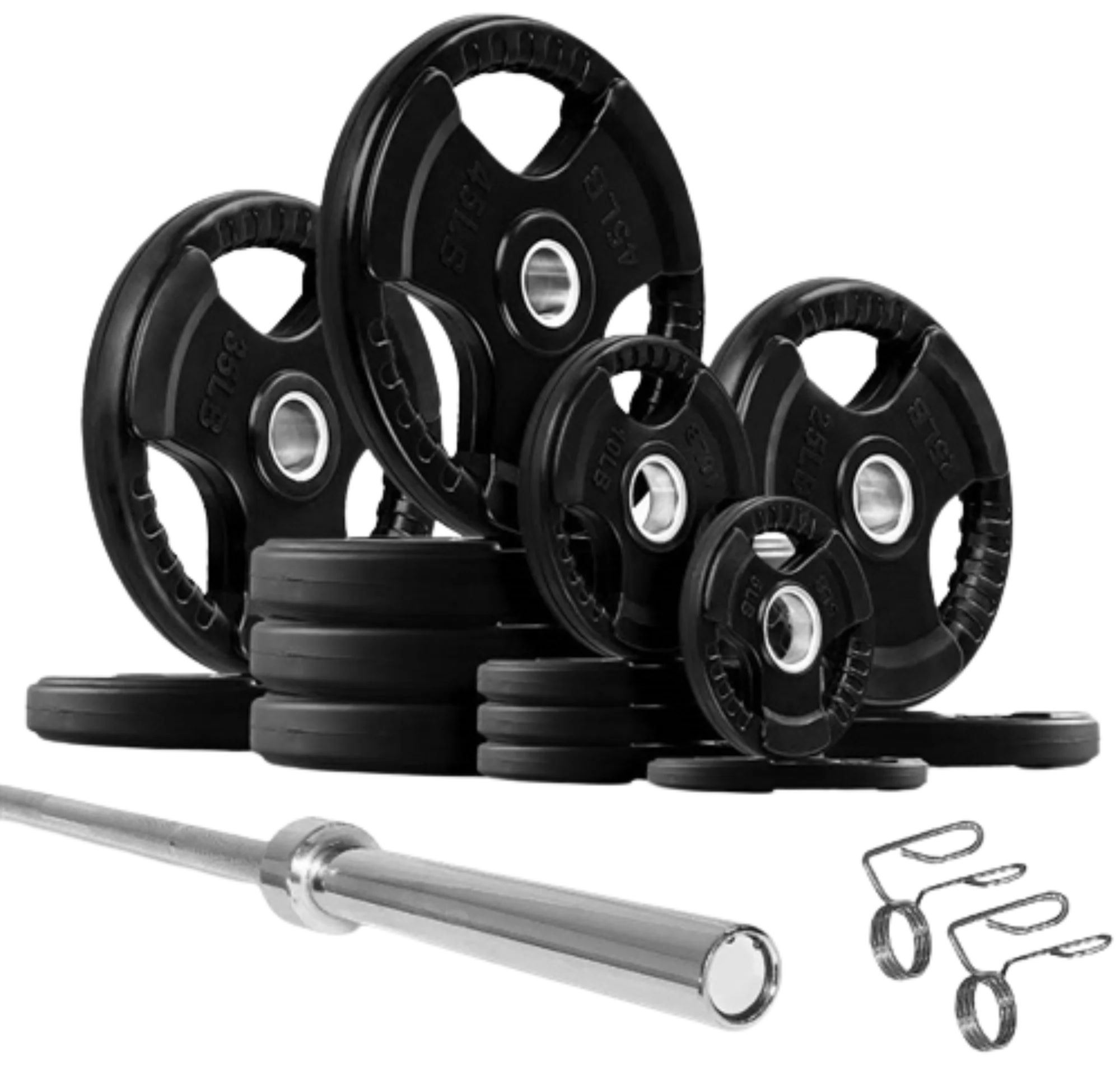 French Fitness Rubber Grip Weight Plate Set w/7 ft Olympic Bar 395 lbs (New)