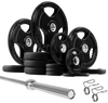 French Fitness Rubber Grip Weight Plate Set w/7 ft Olympic Bar 395 lbs (New) Image