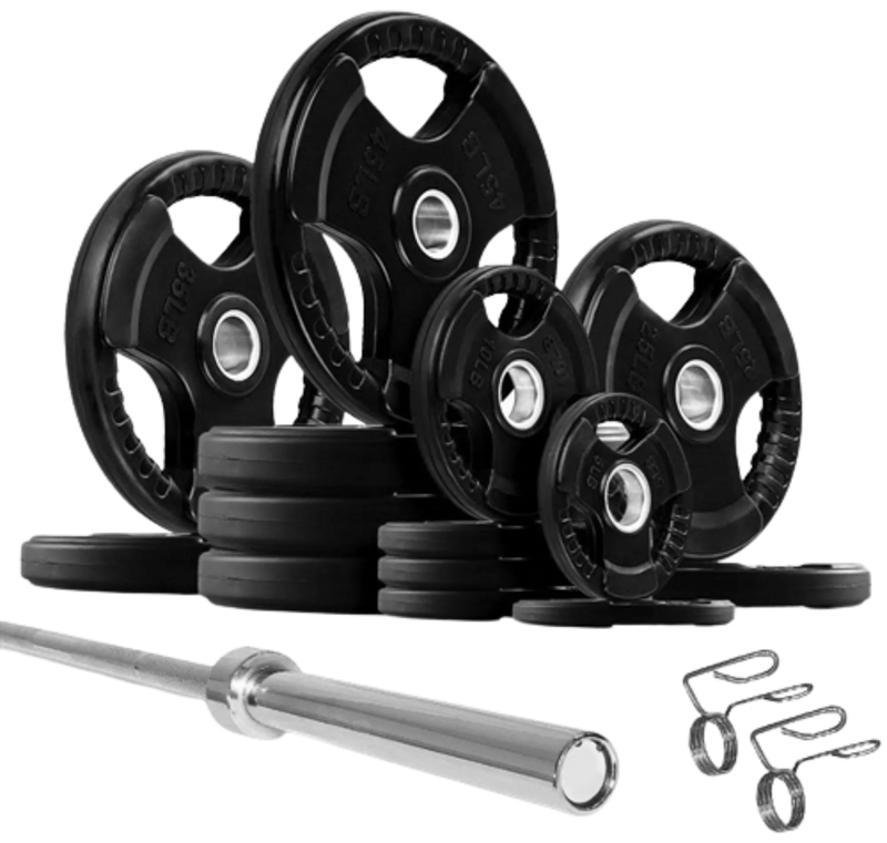 French Fitness Rubber Grip Weight Plate Set w/7 ft Olympic Bar 395 lbs (New) Image