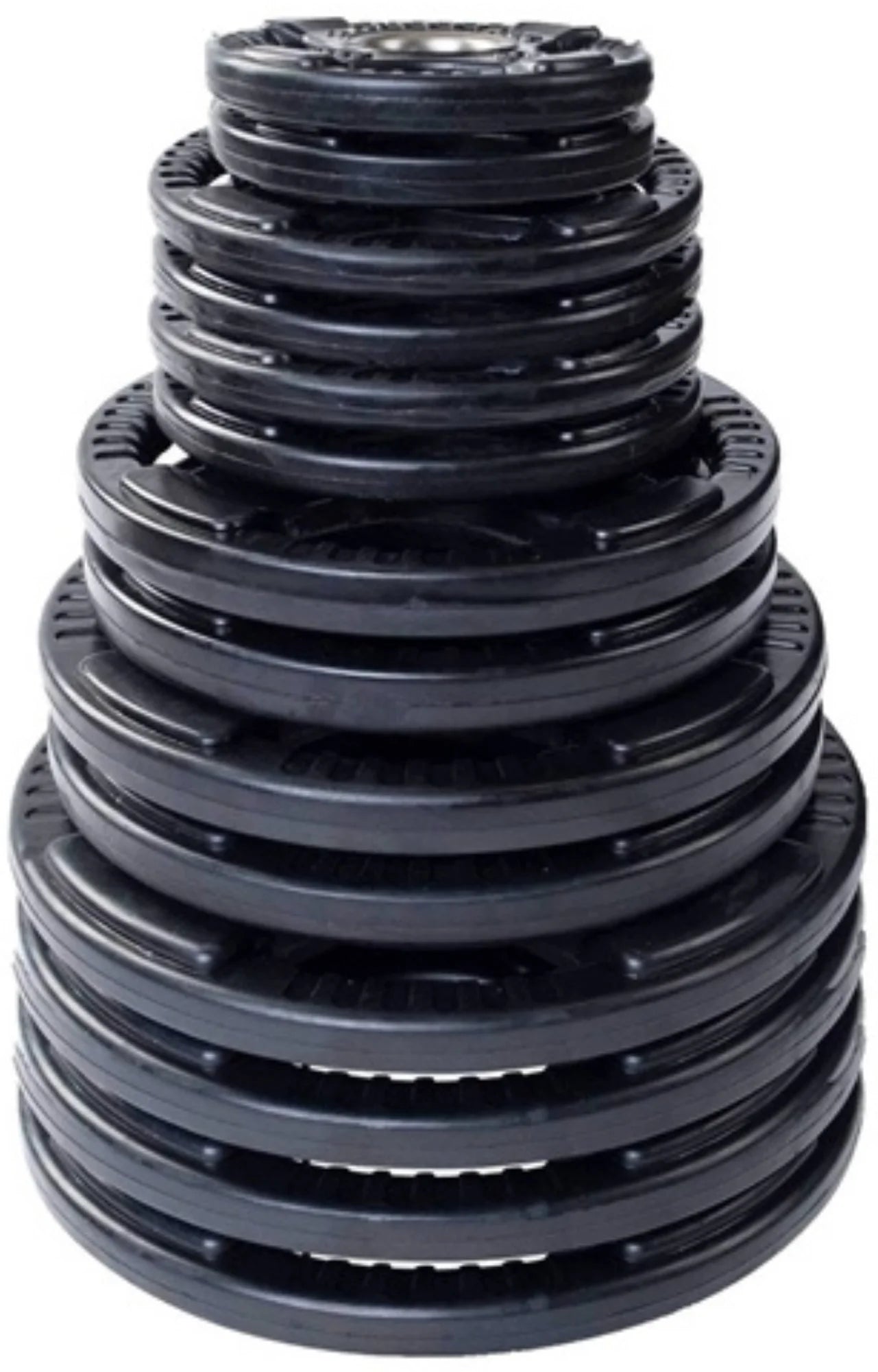 French Fitness Rubber Grip Weight Plate Set w/7 ft Olympic Bar 395 lbs + Bench (New)