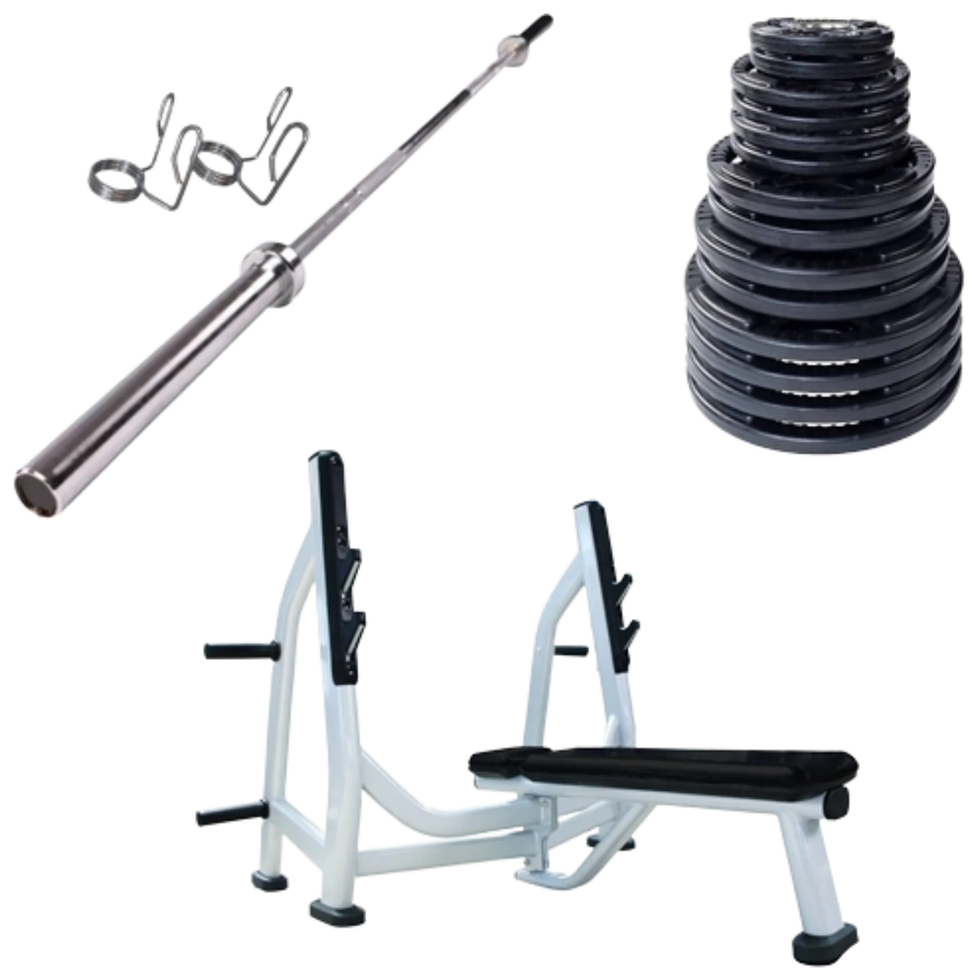 French Fitness Rubber Grip Weight Plate Set w/7 ft Olympic Bar 395 lbs + Bench (New)