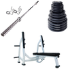 French Fitness Rubber Grip Weight Plate Set w/7 ft Olympic Bar 395 lbs + Bench (New) Image