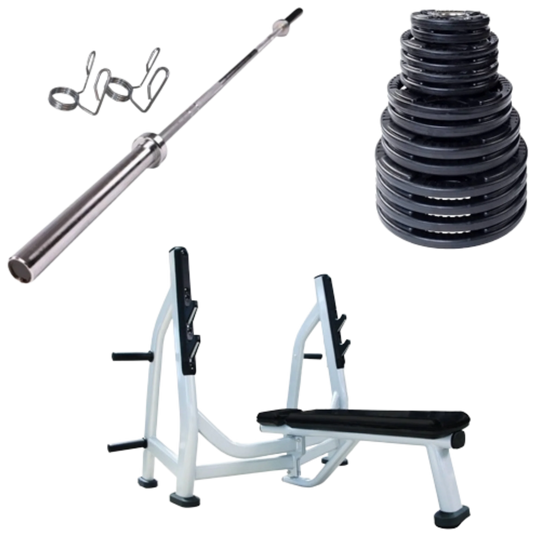 French Fitness Rubber Grip Weight Plate Set w/7 ft Olympic Bar 395 lbs + Bench (New)
