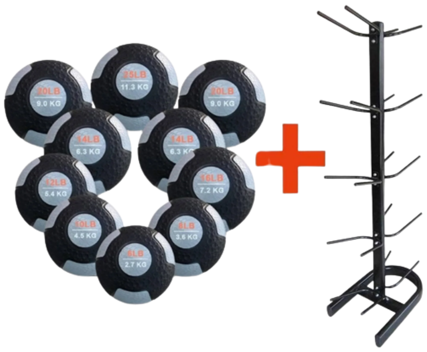 French Fitness Rubber Medicine Ball Set of 10 (6 to 25 lbs) w/Rack (New)