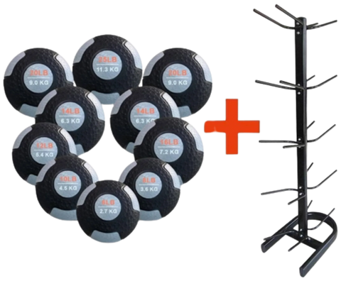 French Fitness Rubber Medicine Ball Set of 10 (6 to 25 lbs) w/Rack (New)