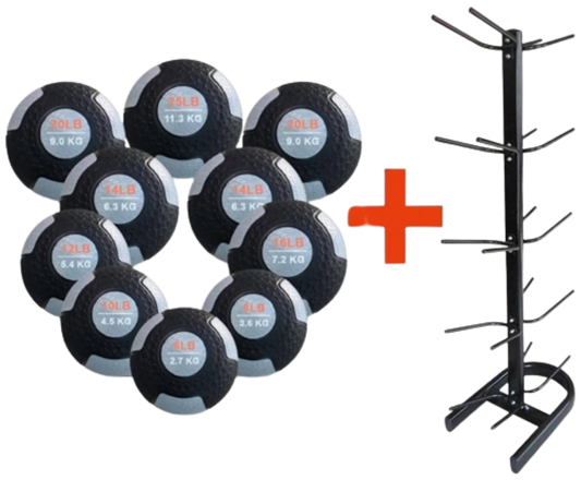 French Fitness Rubber Medicine Ball Set of 10 (6 to 25 lbs) w/Rack (New)