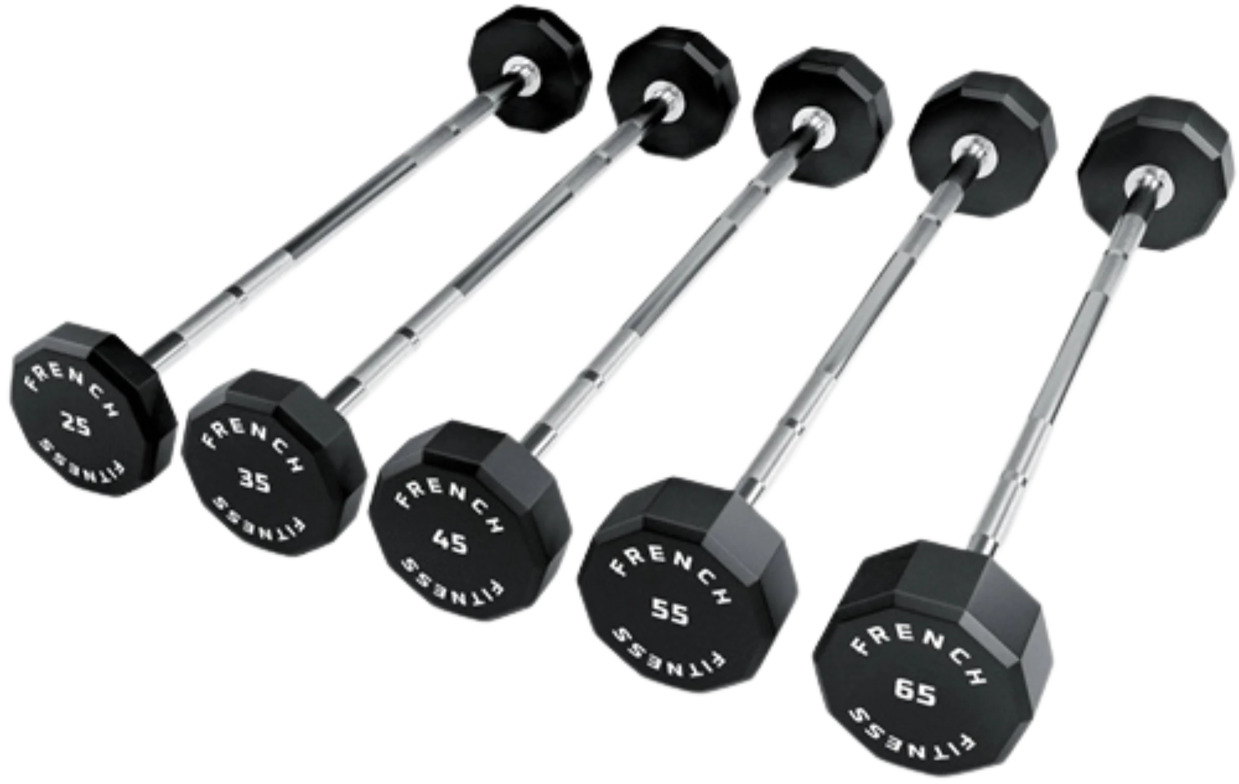 French Fitness Straight Urethane Barbell Bar - Set of 5 (25-65 lbs) (New)