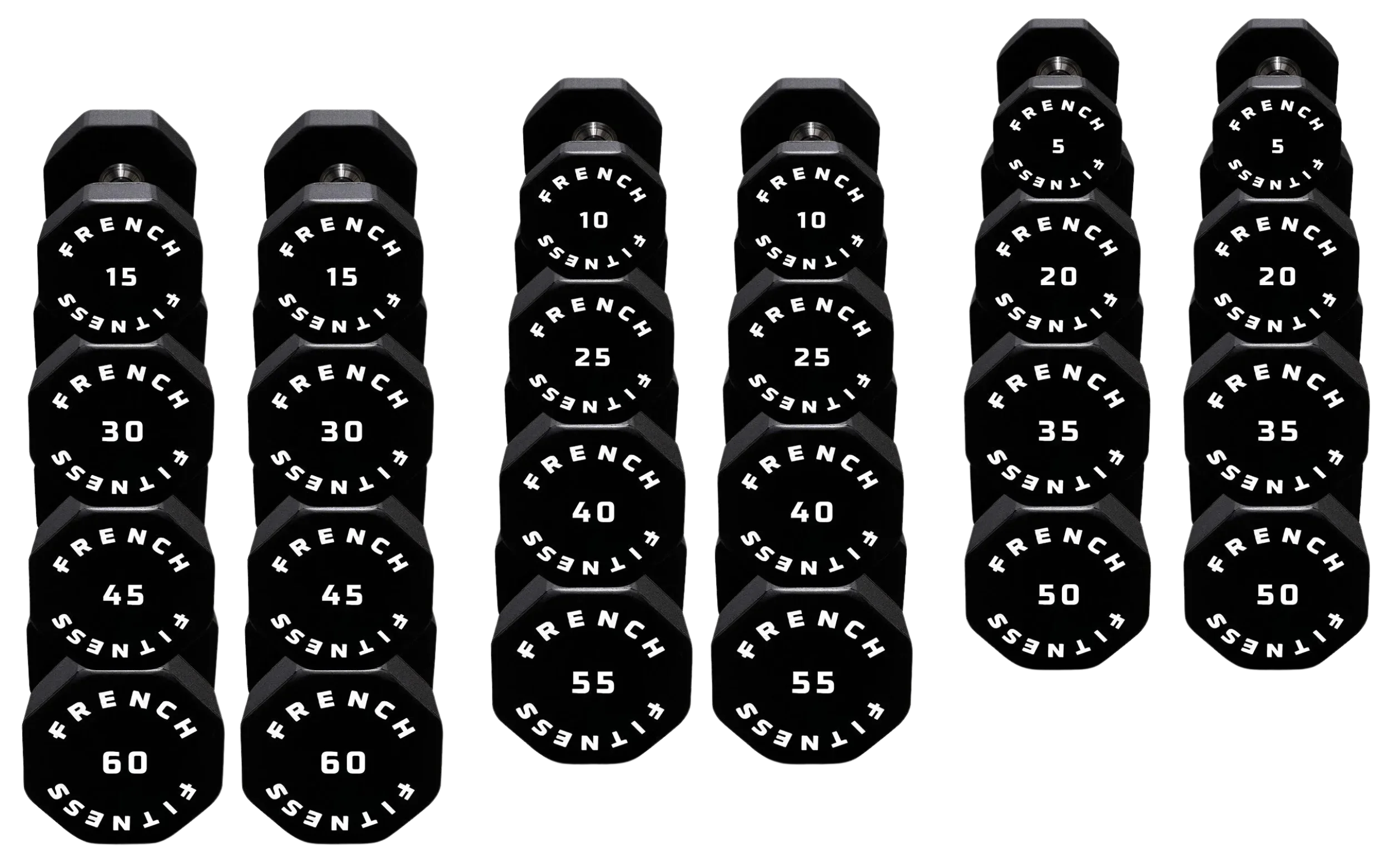 French Fitness Urethane 8 Sided Hex Dumbbell Set - Front View