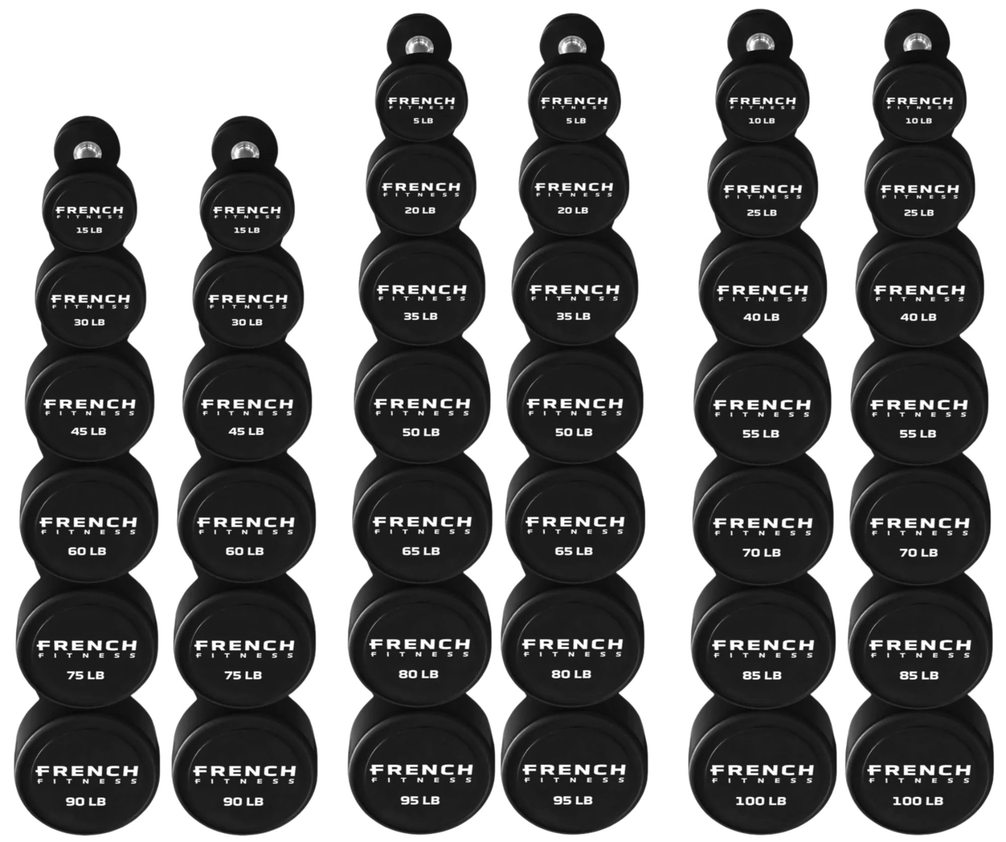 French Fitness Urethane Round Pro Style Dumbbell V2 Set, 5-100 lbs (New)